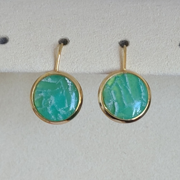 Hand Crafted Boho Gold Green Jade Gemstone Circle Drop Dangle Earrings - Picture 2 of 10